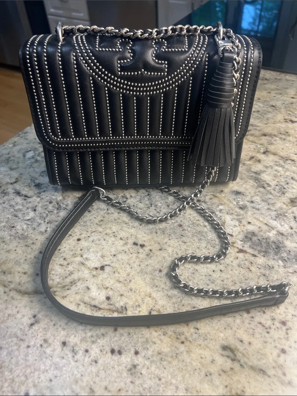 Tory Burch Black Quilted Leather Crossbody with Silver Studs & Tassel